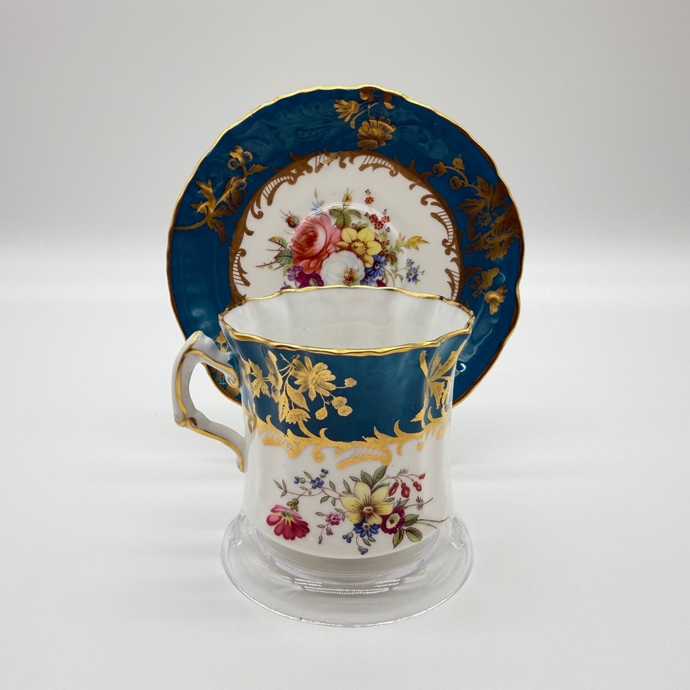 Hammersley & Co Teal Gold Gilt Floral Bone China Tea Cup and Saucer Set 5392/13
